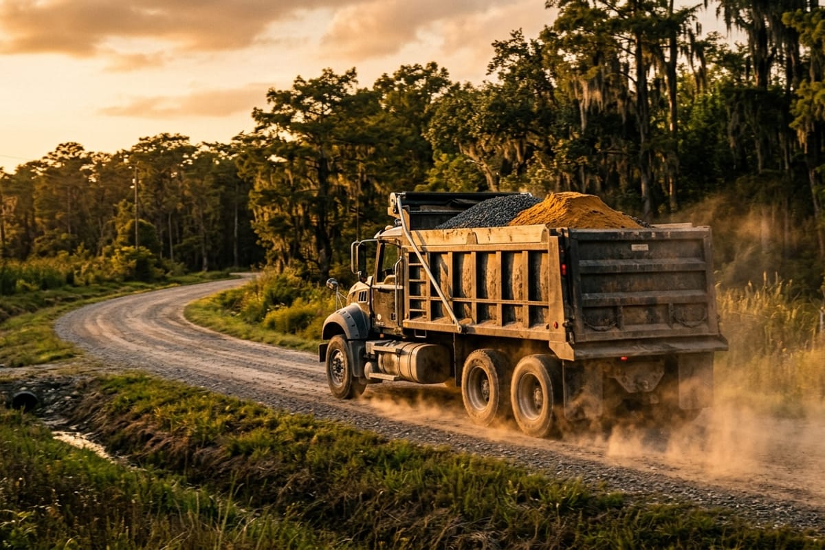 Dump truck hauling gravel and sand on a rural road