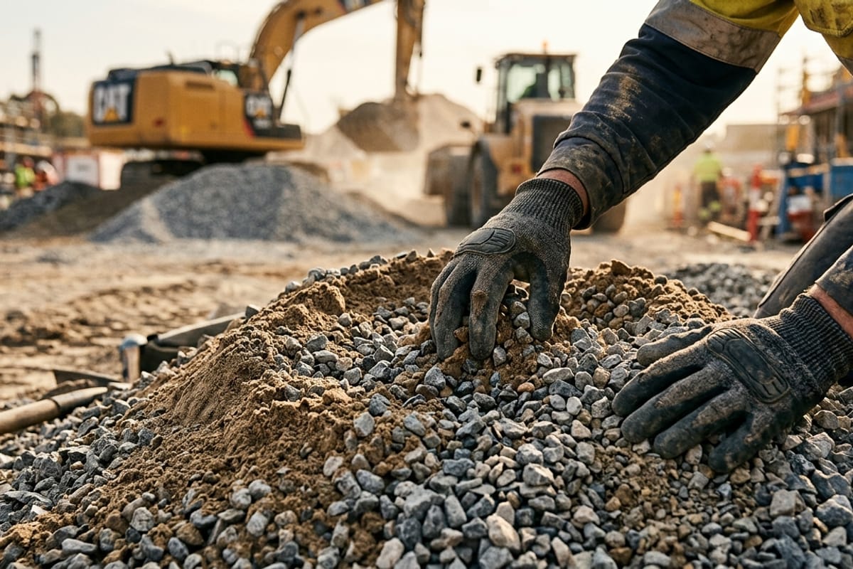 Gloved hands inspecting a delivered pile of gravel and sand